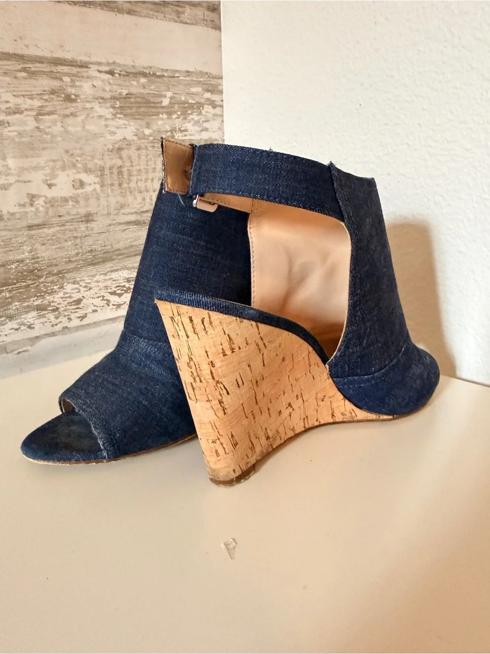 Nine West Denim Cork Wedge Peep-Toe Sandals - Dark Blue